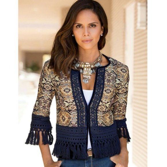 Boston Proper Jackets & Blazers - ⚡HOST PICK & ON SALE EUC Boston Proper Boho Fringe Brocade Tapestry Jacket sz 10